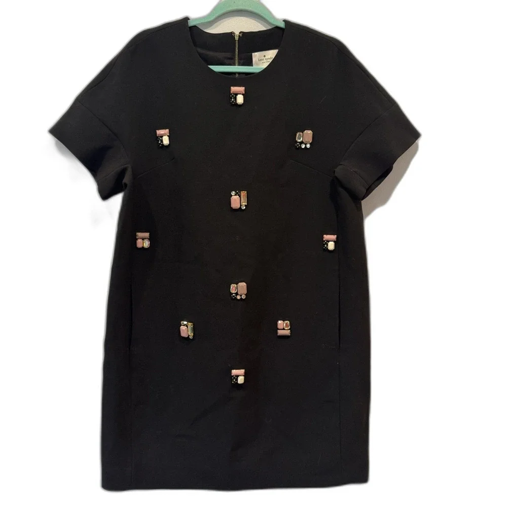 Kate Spade Shift Dress Embellished Jewel Black Short Sleeve Pockets Women sz 14